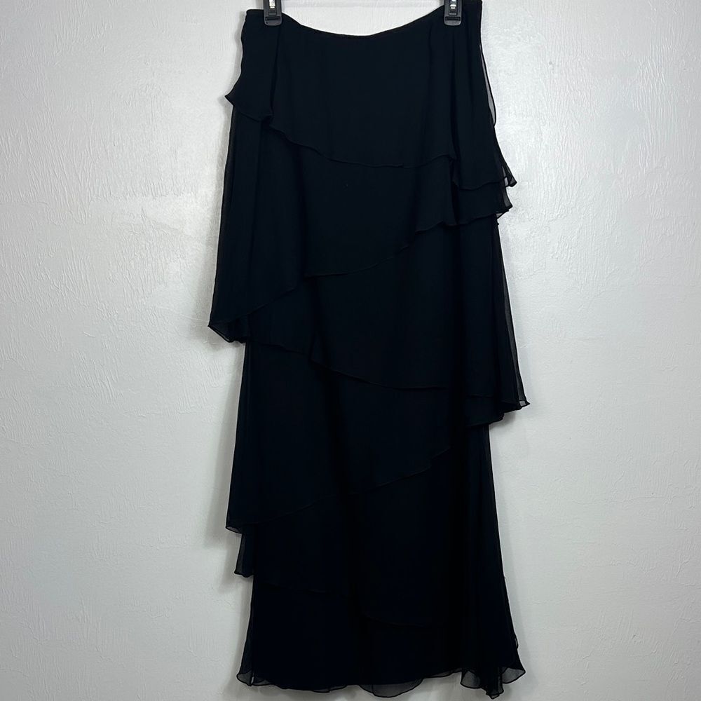 Teri Jon Silk Black Chic Layered Ruffle Side Zip Maxi Skirt Size 10